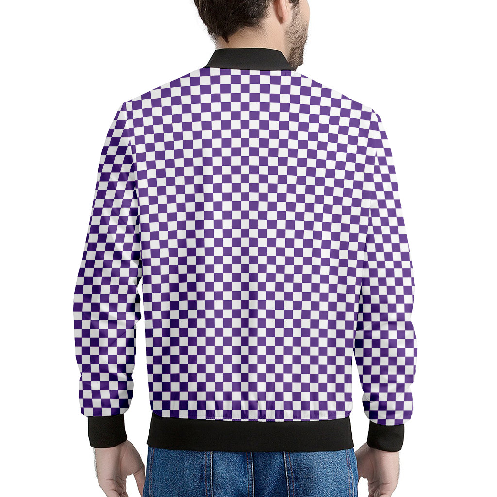 Purple And White Checkered Pattern Print Men's Bomber Jacket