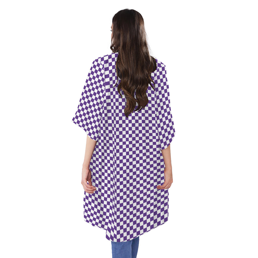 Purple And White Checkered Pattern Print Open Front Beach Cover Up