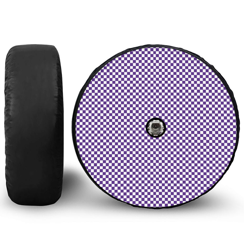 Purple And White Checkered Pattern Print Tire Cover With Camera Hole