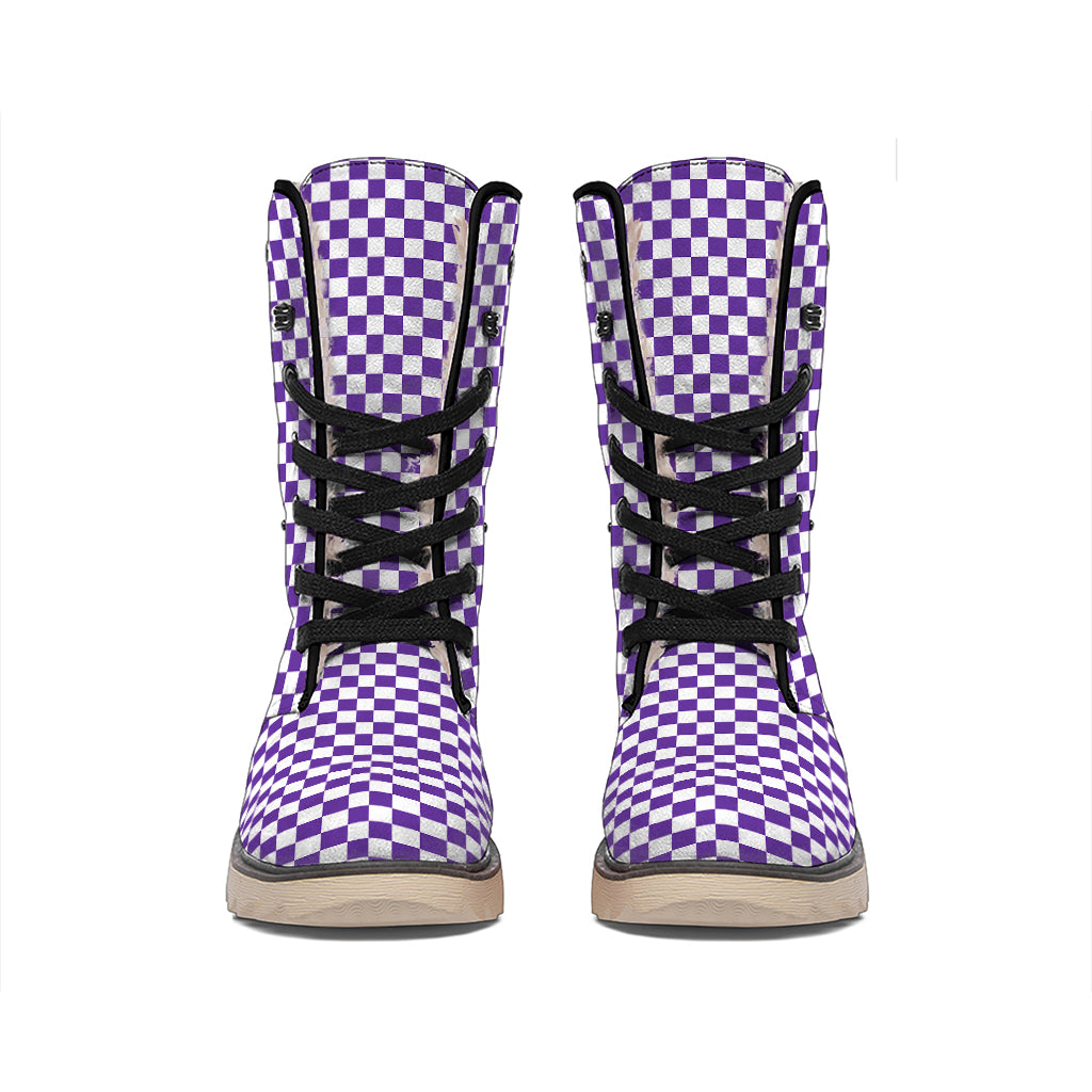 Purple And White Checkered Pattern Print Winter Boots
