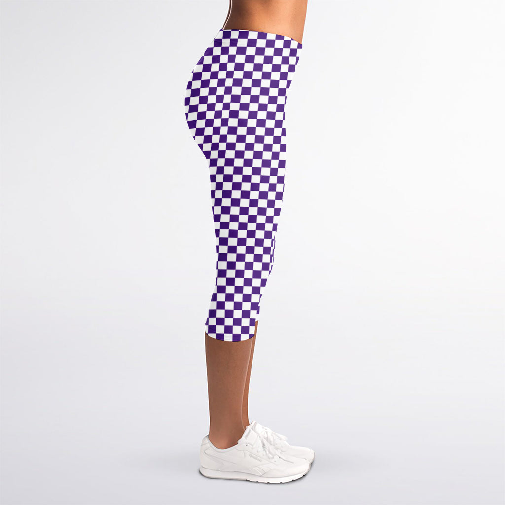 Purple And White Checkered Pattern Print Women's Capri Leggings