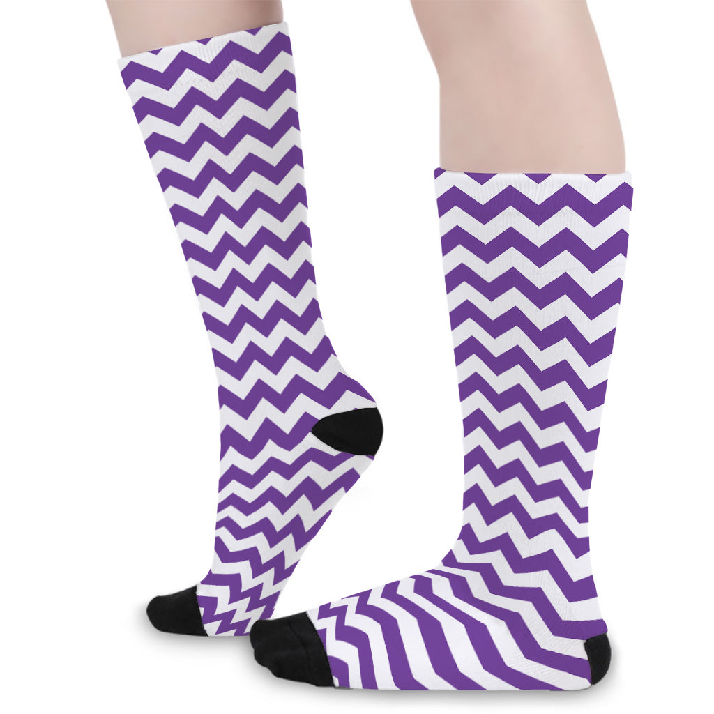 Purple And White Chevron Pattern Print Long Socks