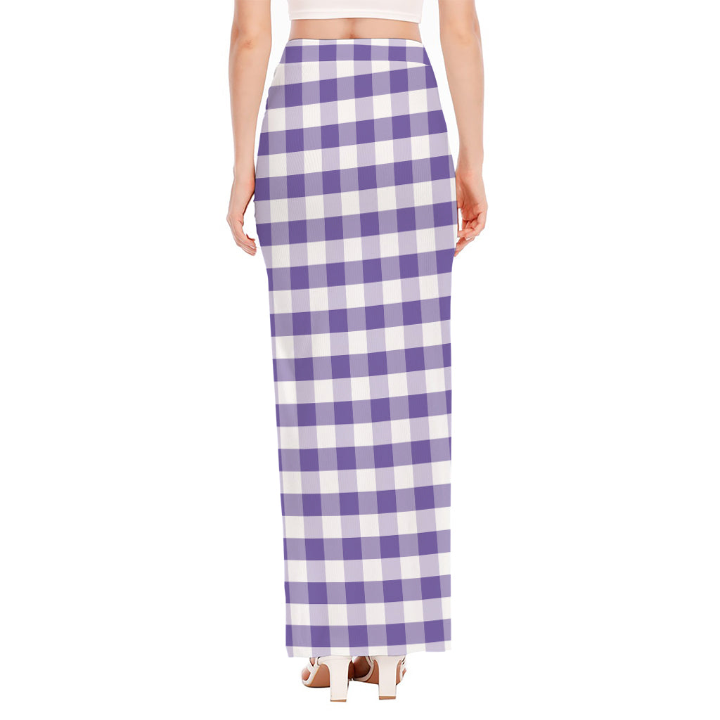 Purple And White Gingham Pattern Print High Slit Maxi Skirt