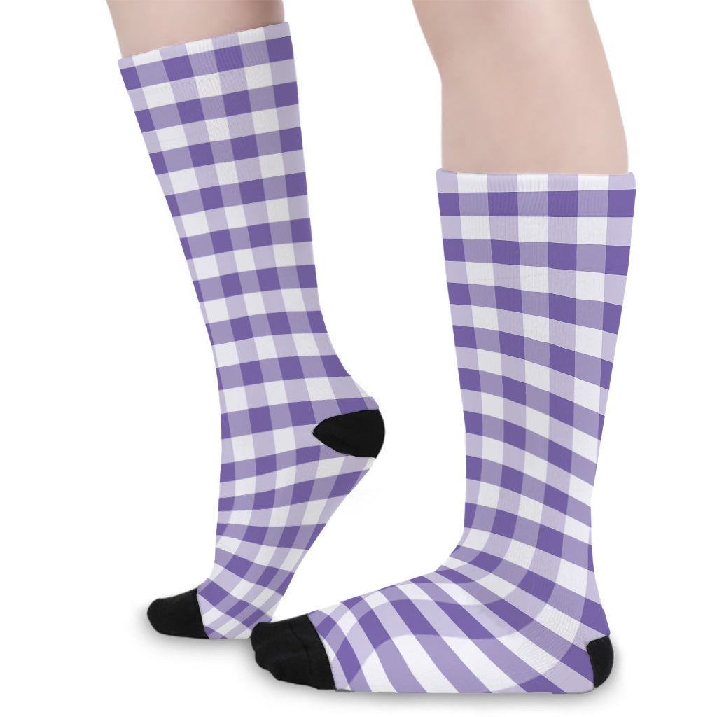 Purple And White Gingham Pattern Print Long Socks