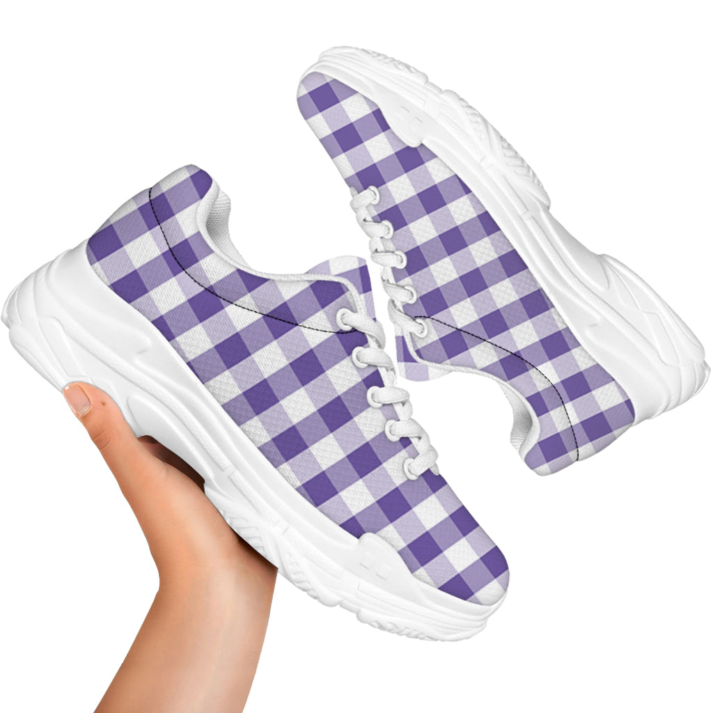 Purple And White Gingham Pattern Print White Chunky Shoes