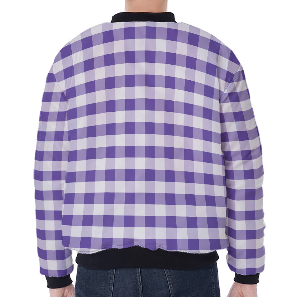 Purple And White Gingham Pattern Print Zip Sleeve Bomber Jacket