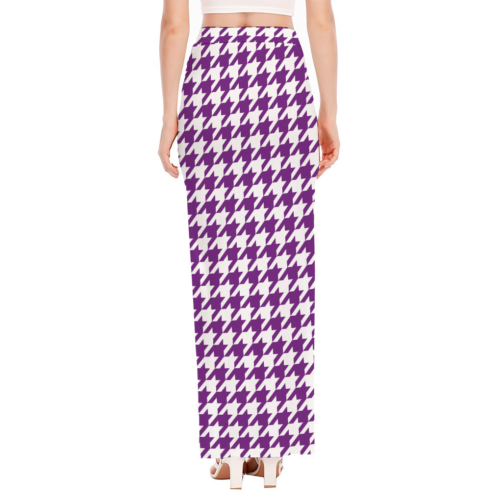 Purple And White Houndstooth Print High Slit Maxi Skirt