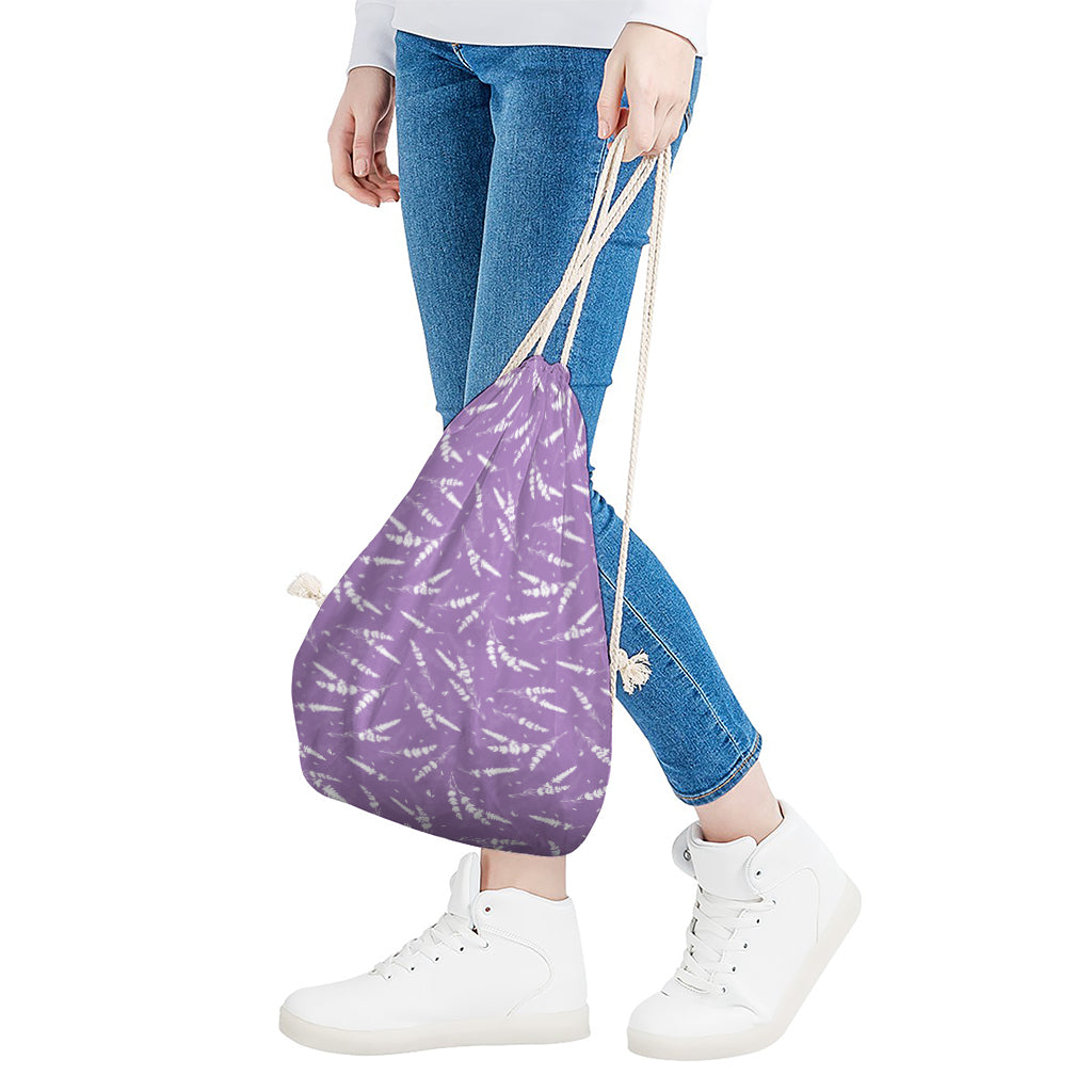 Purple And White Lavender Pattern Print Drawstring Bag