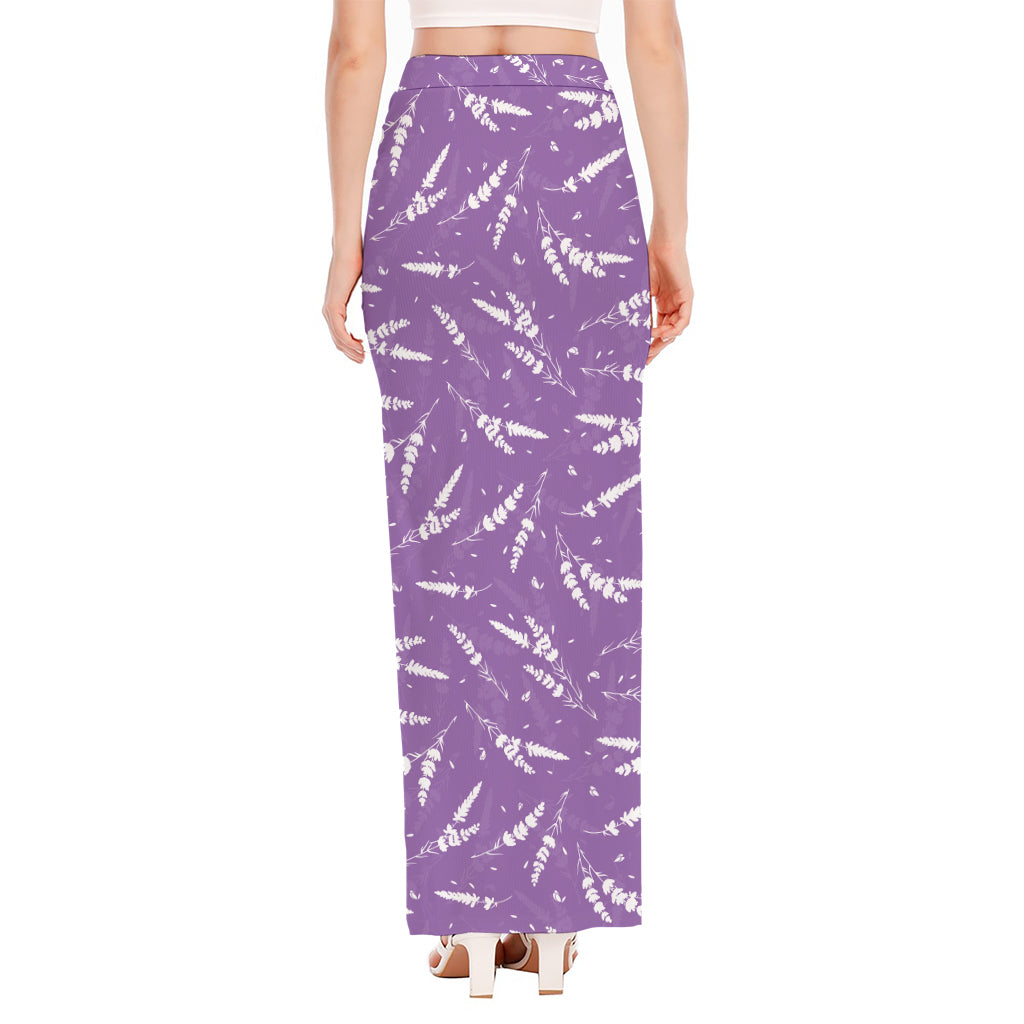 Purple And White Lavender Pattern Print High Slit Maxi Skirt