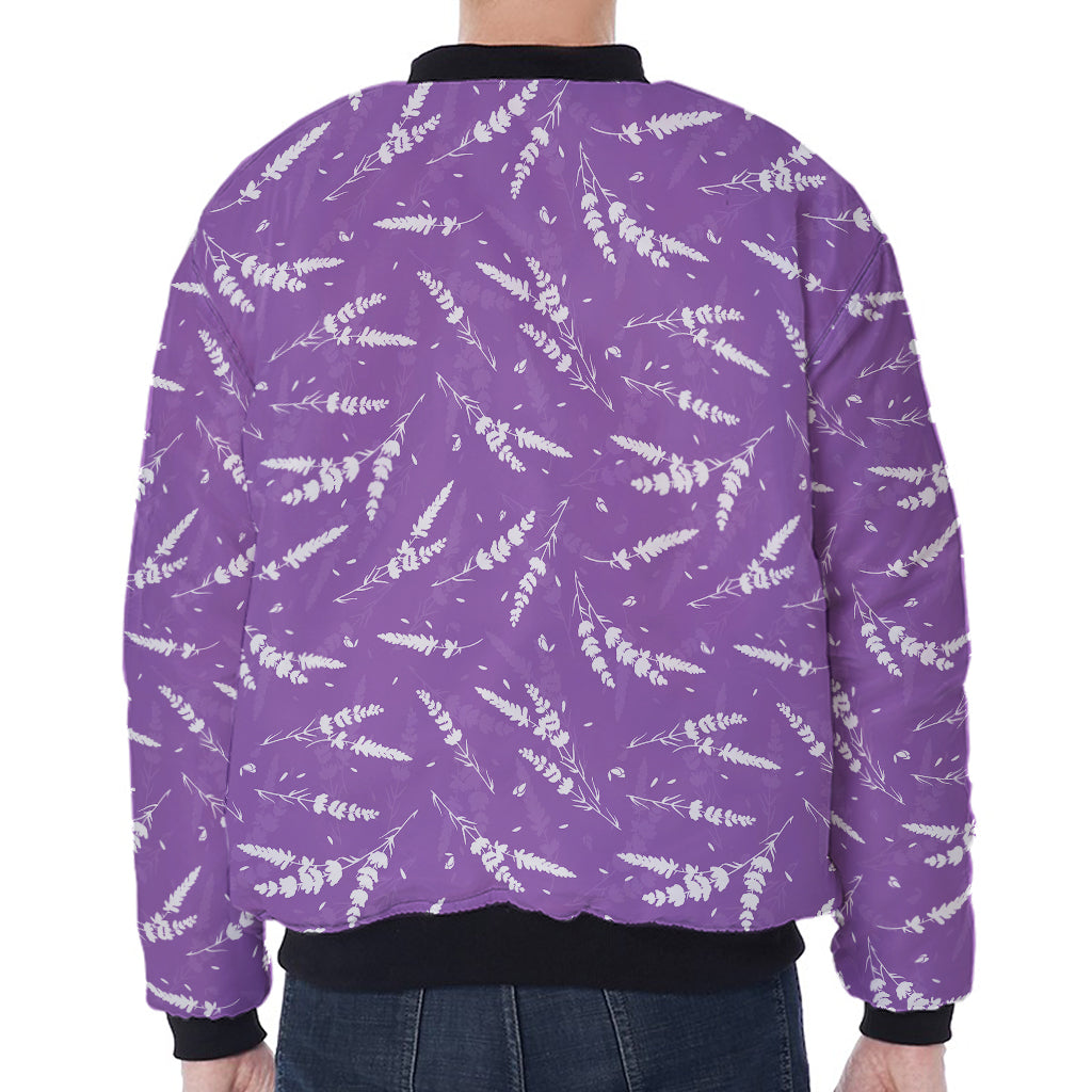 Purple And White Lavender Pattern Print Zip Sleeve Bomber Jacket