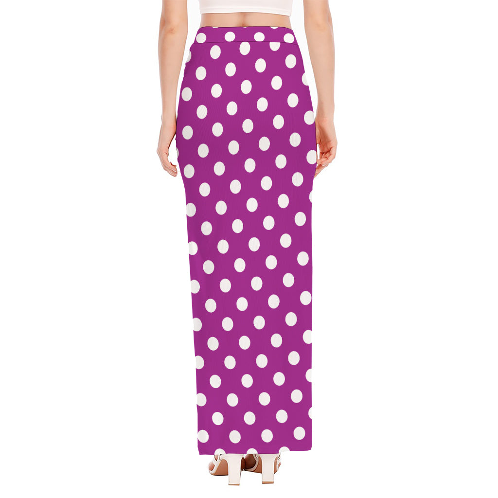Purple And White Polka Dot Pattern Print High Slit Maxi Skirt