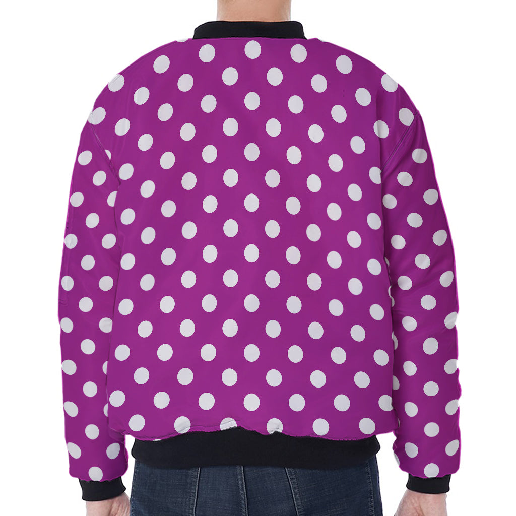 Purple And White Polka Dot Pattern Print Zip Sleeve Bomber Jacket