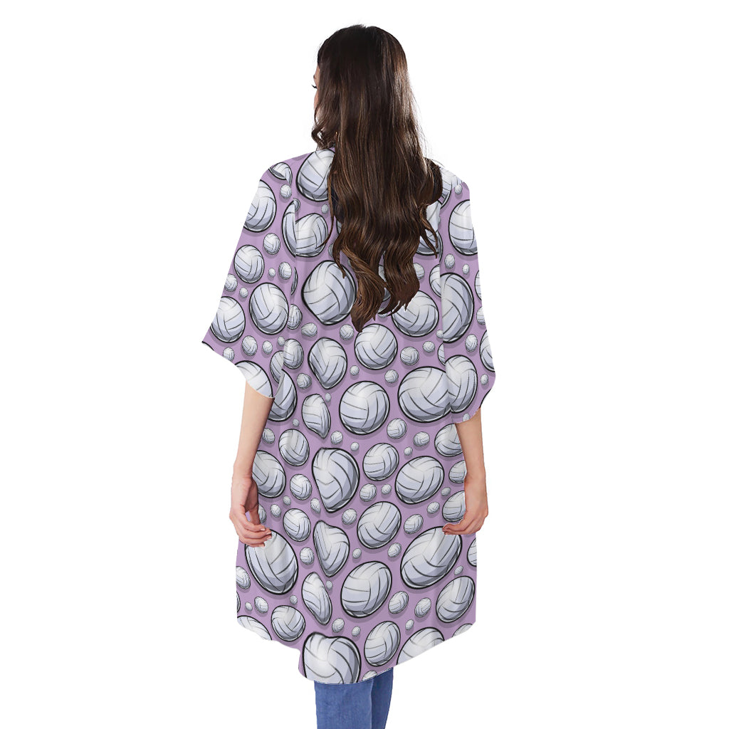 Purple And White Volleyball Print Open Front Beach Cover Up
