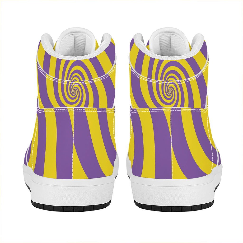 Purple And Yellow Spiral Illusion Print High Top Leather Sneakers