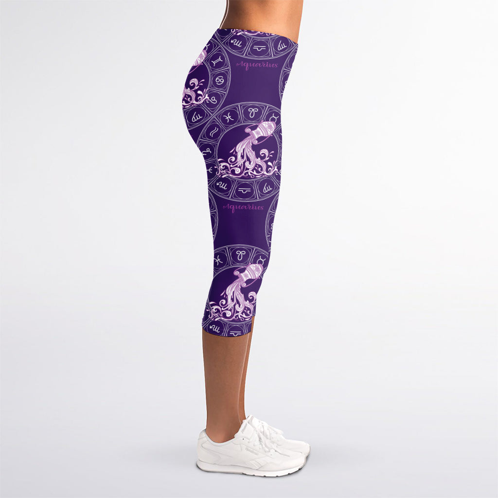 Purple Aquarius Zodiac Pattern Print Women's Capri Leggings