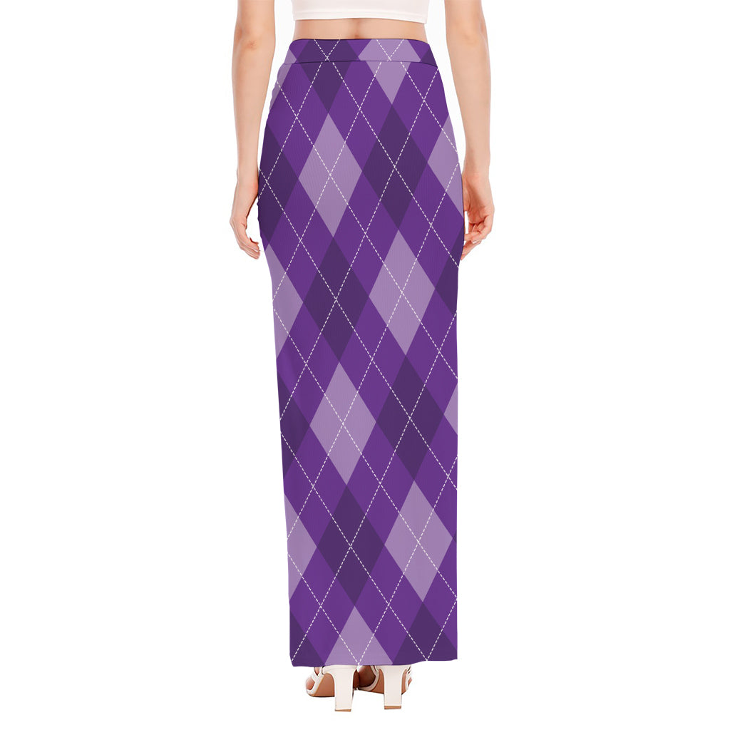 Purple Argyle Pattern Print High Slit Maxi Skirt