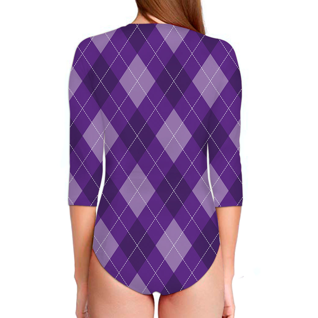 Purple Argyle Pattern Print Long Sleeve Swimsuit