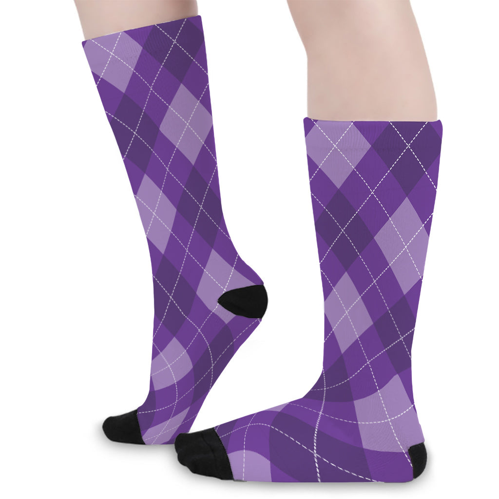 Purple Argyle Pattern Print Long Socks
