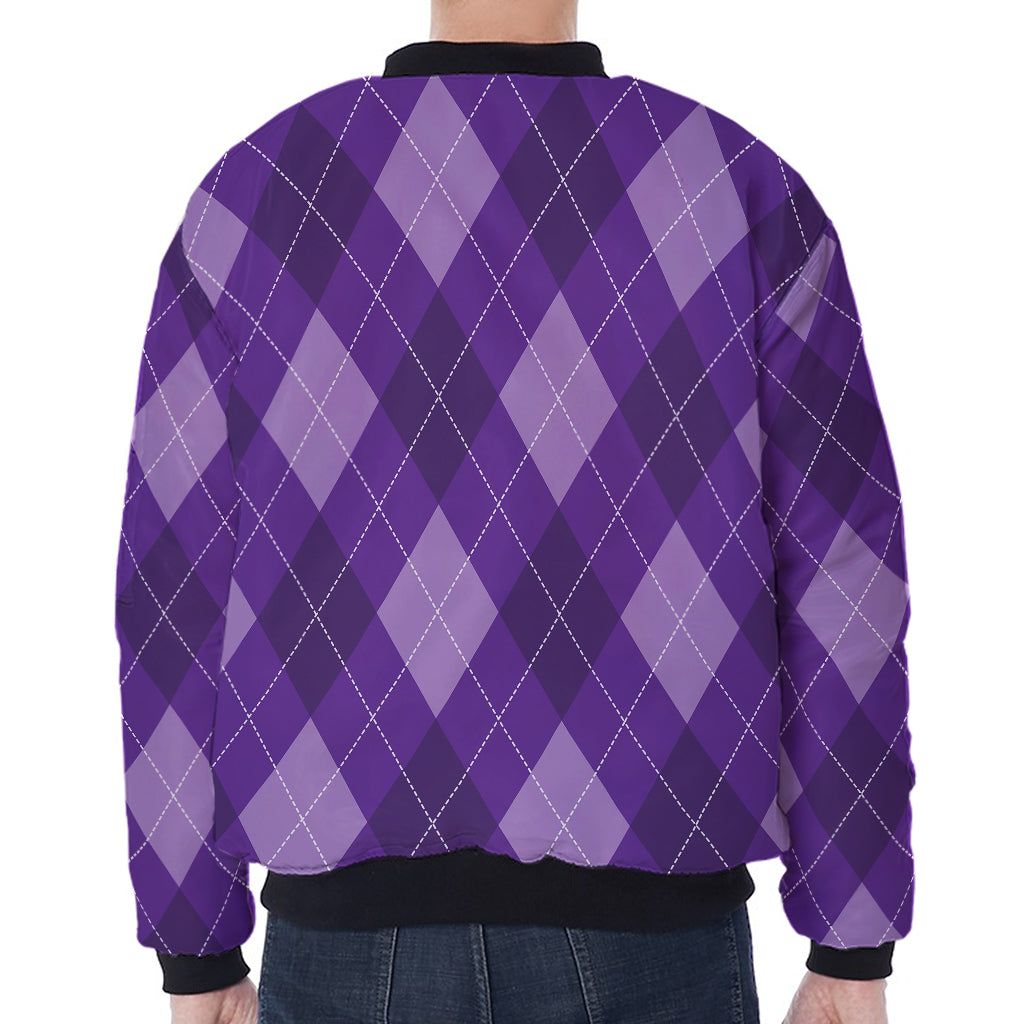 Purple Argyle Pattern Print Zip Sleeve Bomber Jacket