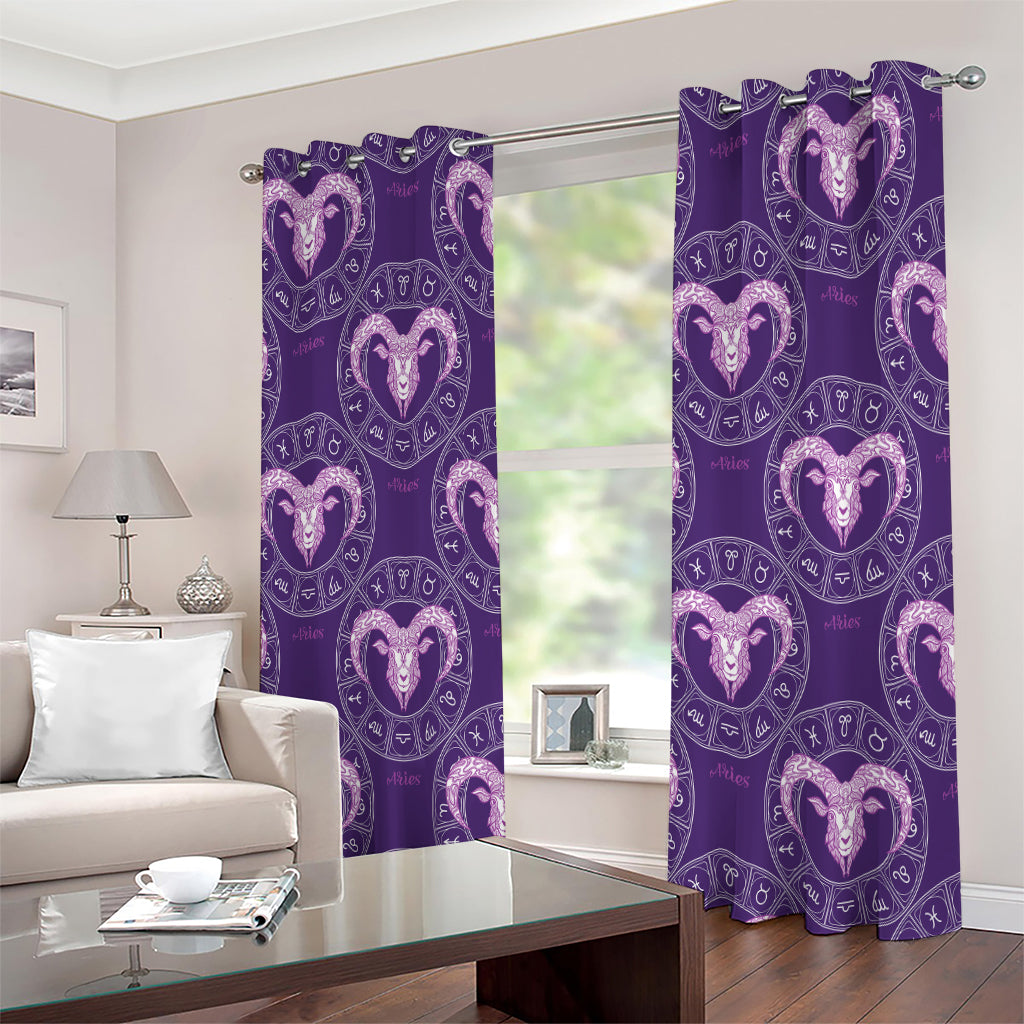 Purple Aries Zodiac Pattern Print Extra Wide Grommet Curtains