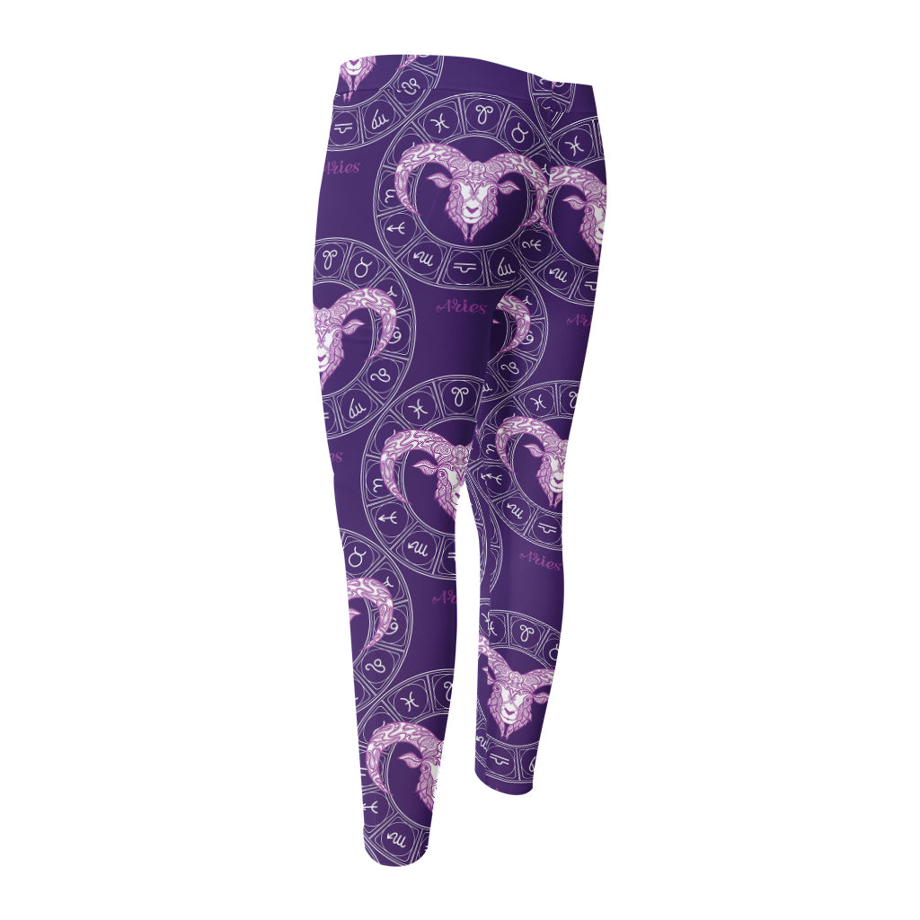 Purple Aries Zodiac Pattern Print Men's Compression Pants