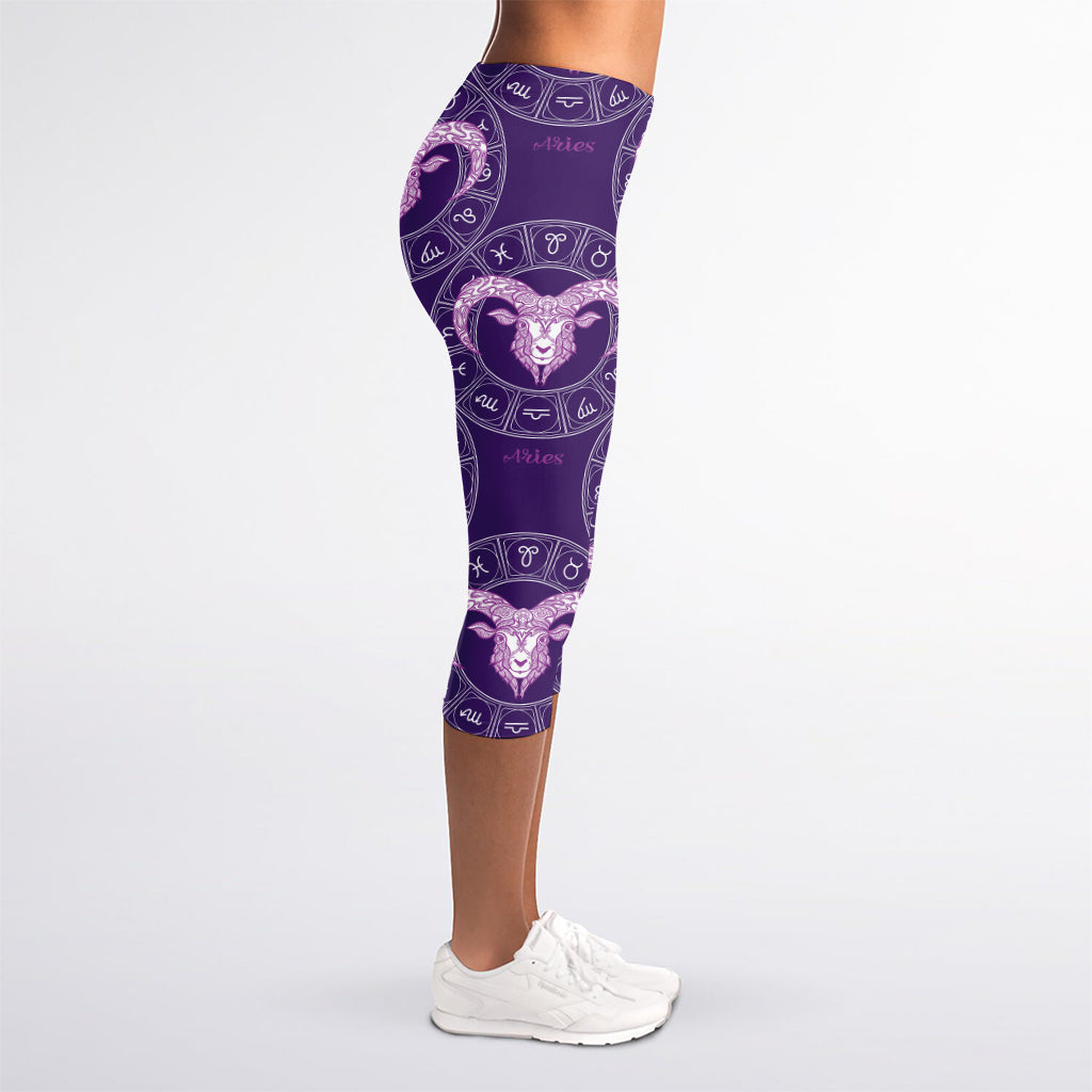 Purple Aries Zodiac Pattern Print Women's Capri Leggings