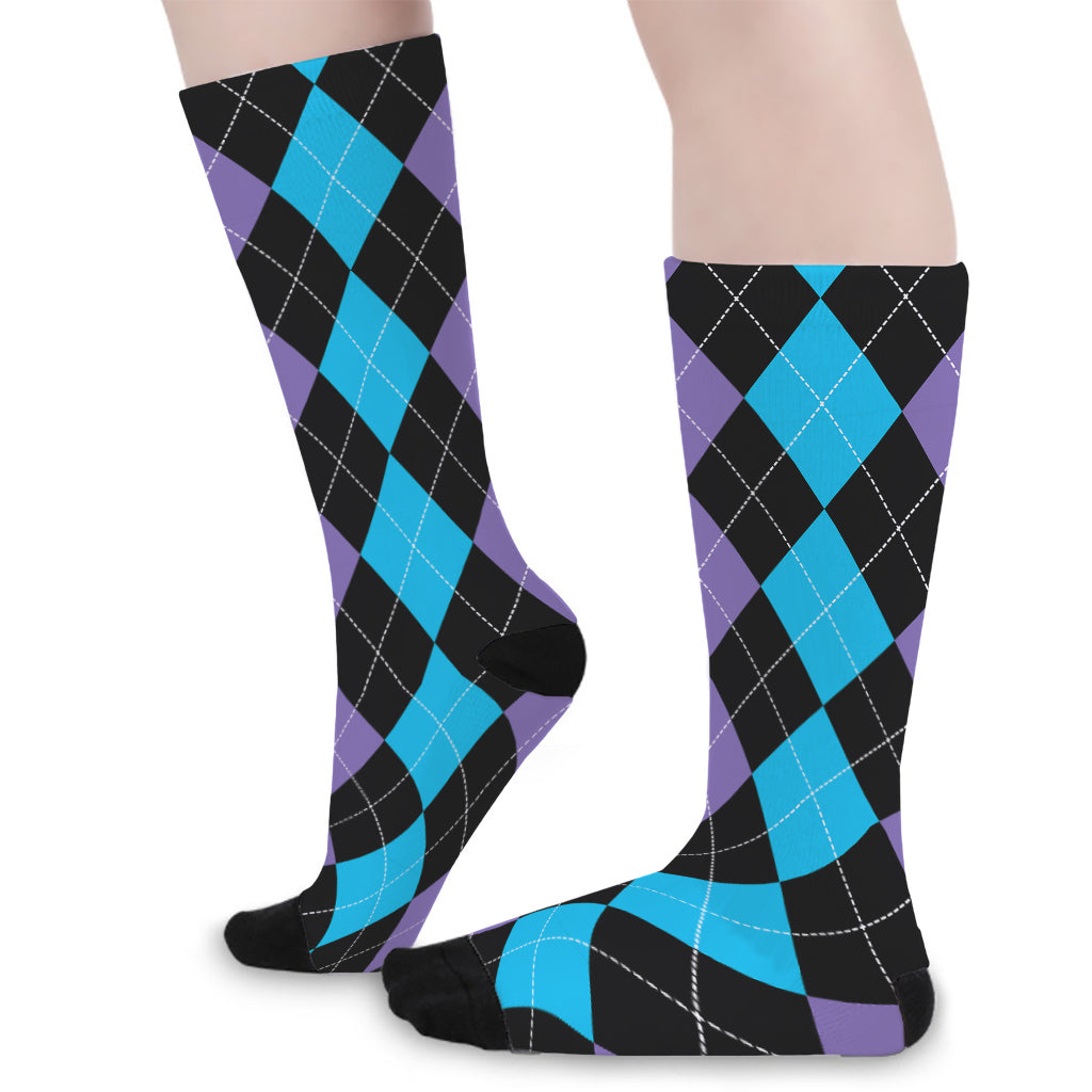 Purple Black And Blue Argyle Print Long Socks