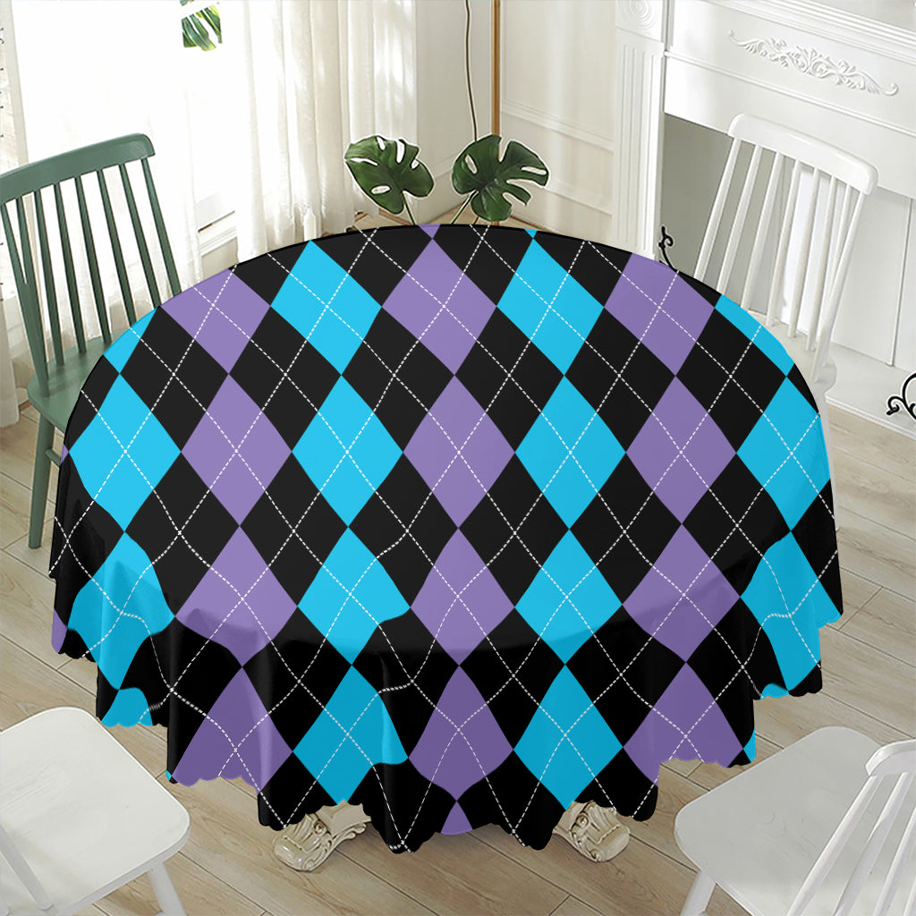 Purple Black And Blue Argyle Print Waterproof Round Tablecloth