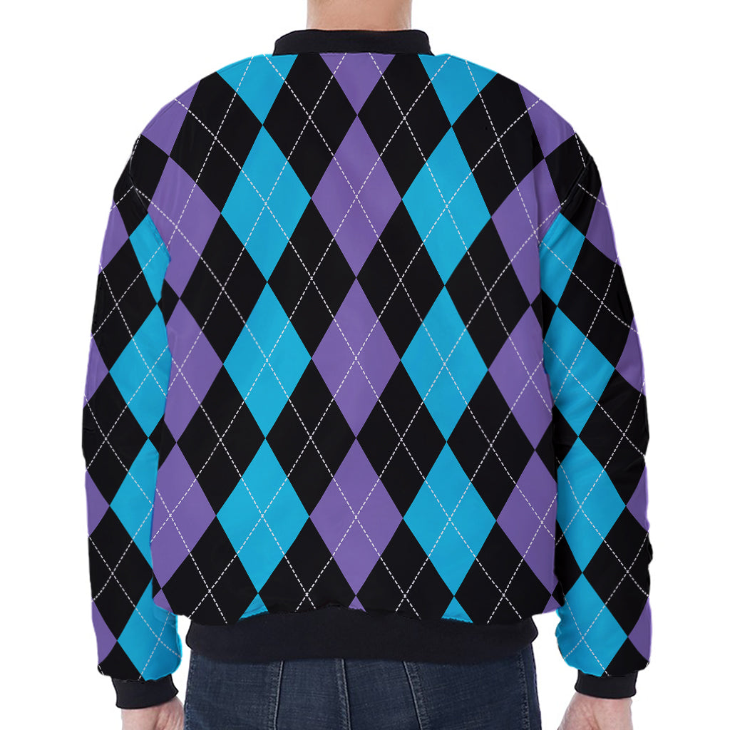 Purple Black And Blue Argyle Print Zip Sleeve Bomber Jacket