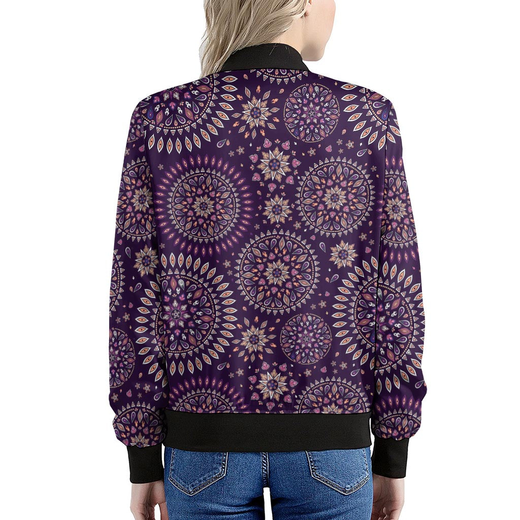 Purple Bohemian Mandala Pattern Print Women's Bomber Jacket