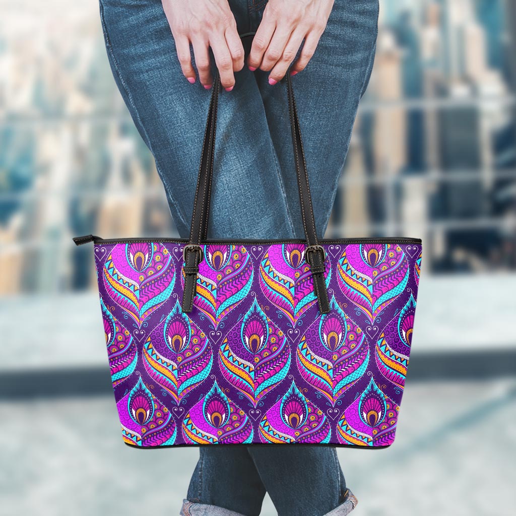 Purple Bohemian Peacock Feather Print Leather Tote Bag