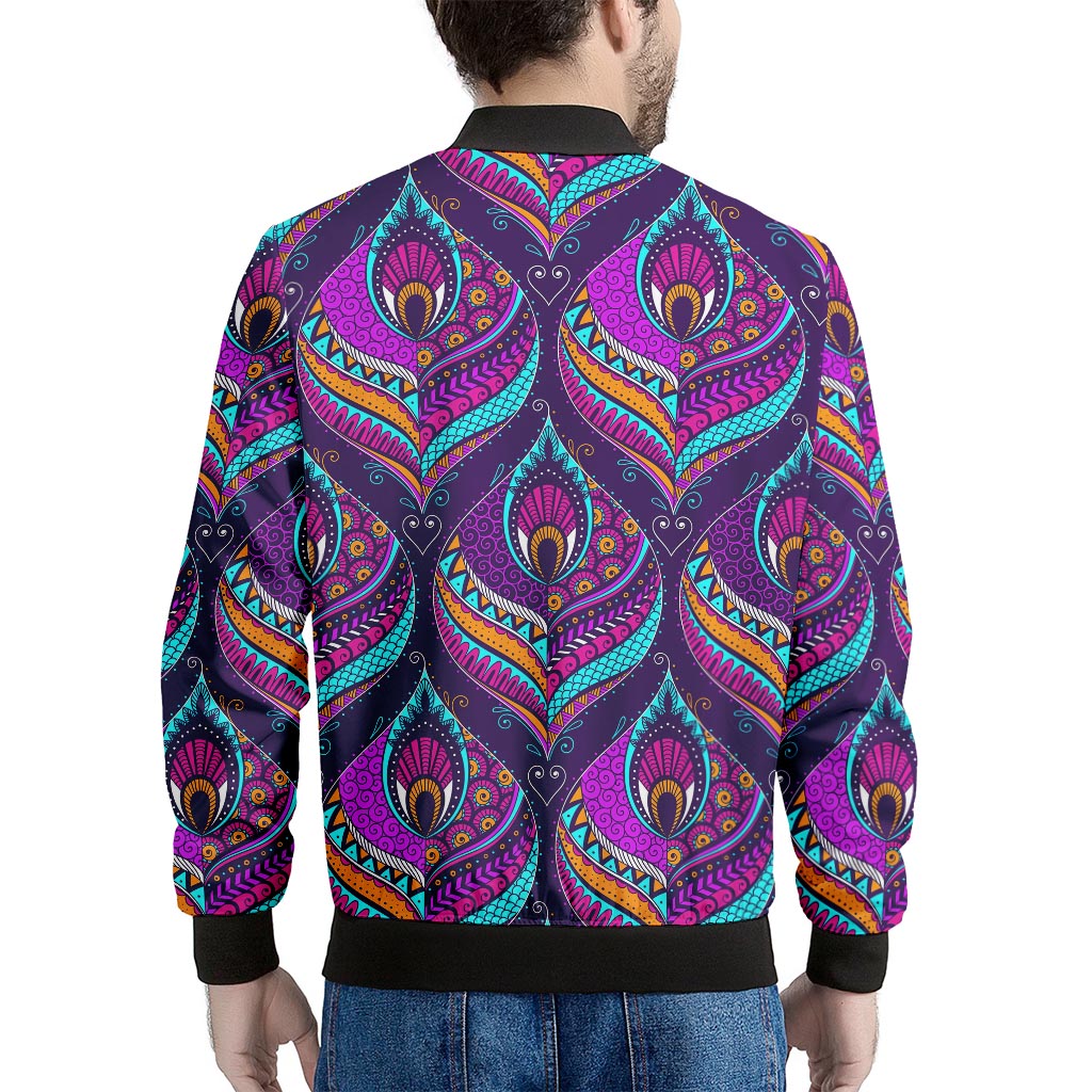 Purple Bohemian Peacock Feather Print Men's Bomber Jacket