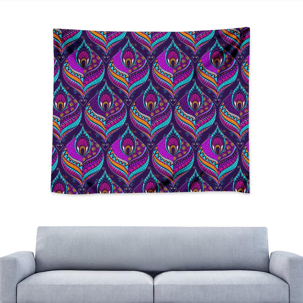Purple Bohemian Peacock Feather Print Tapestry