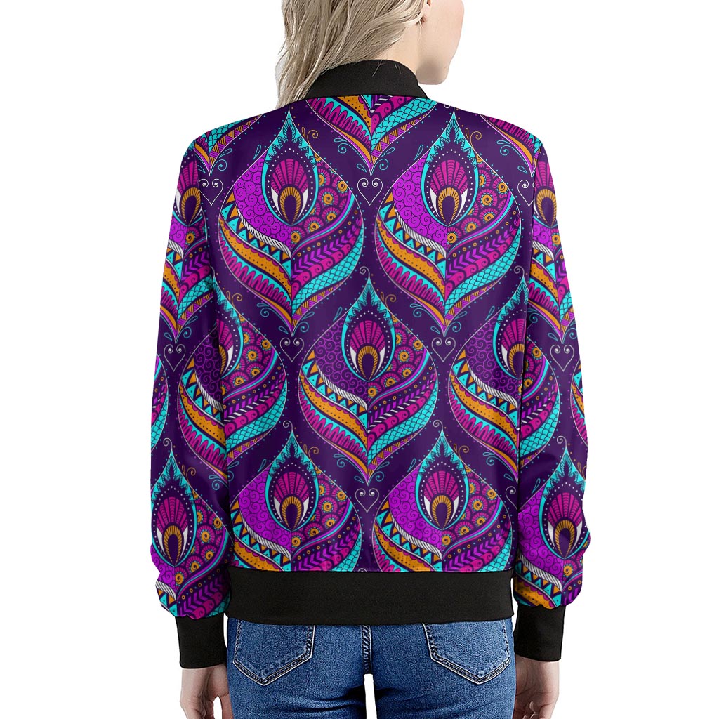 Purple Bohemian Peacock Feather Print Women's Bomber Jacket