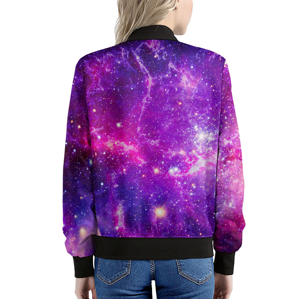 Purple Bursting Galaxy Space Print Women's Bomber Jacket