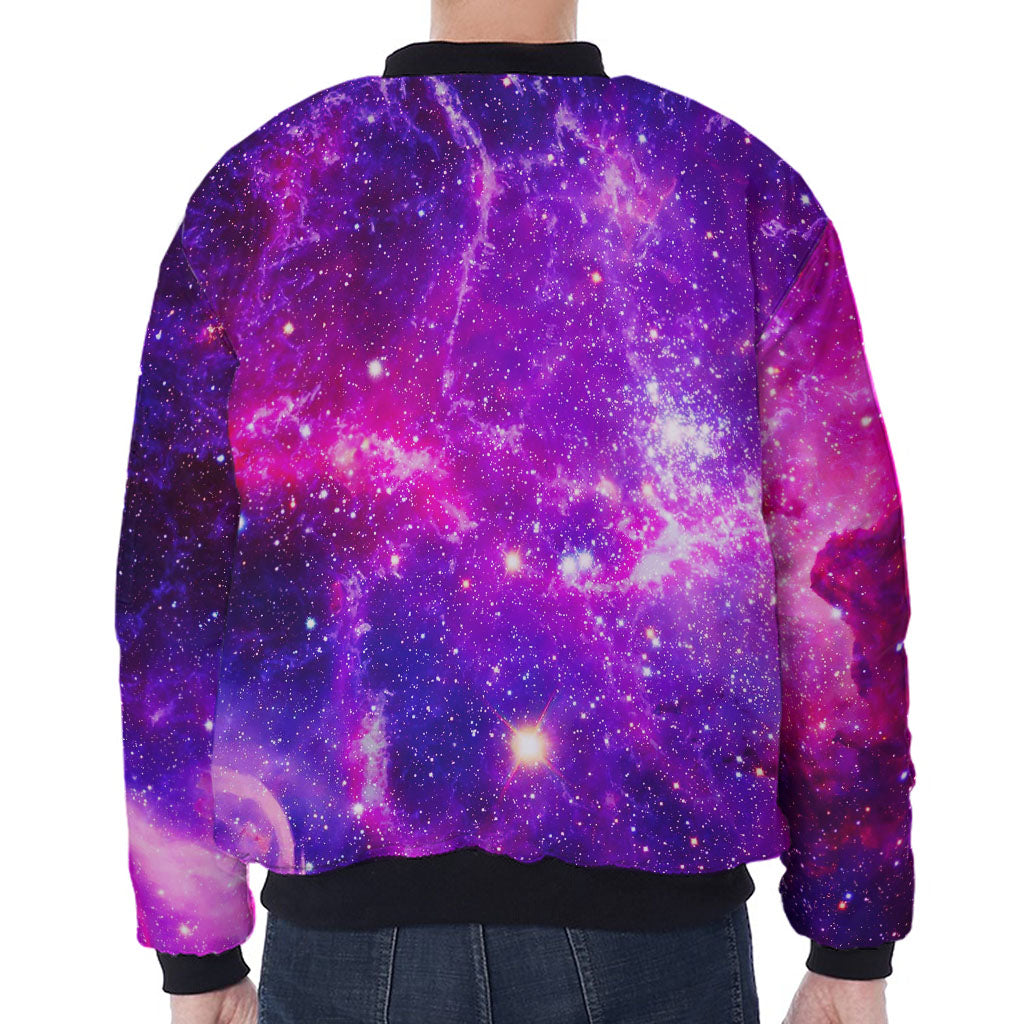 Purple Bursting Galaxy Space Print Zip Sleeve Bomber Jacket