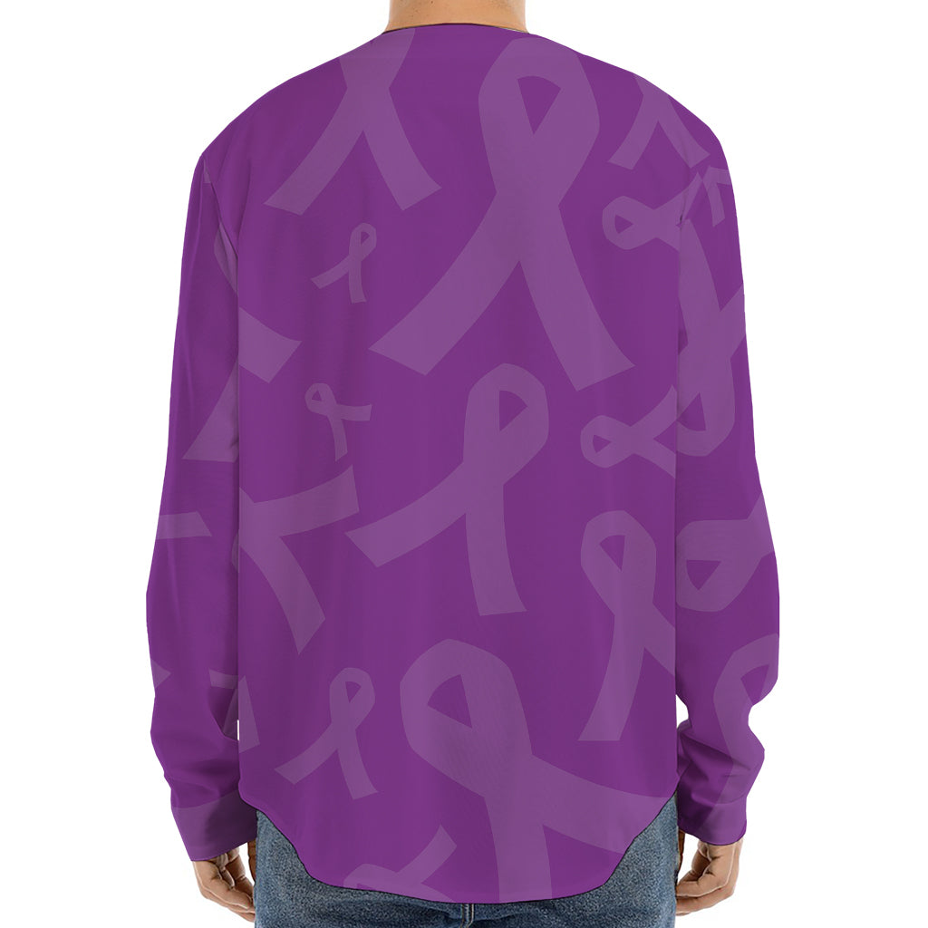 Purple Cancer Awareness Ribbon Print Long Sleeve Baseball Jersey