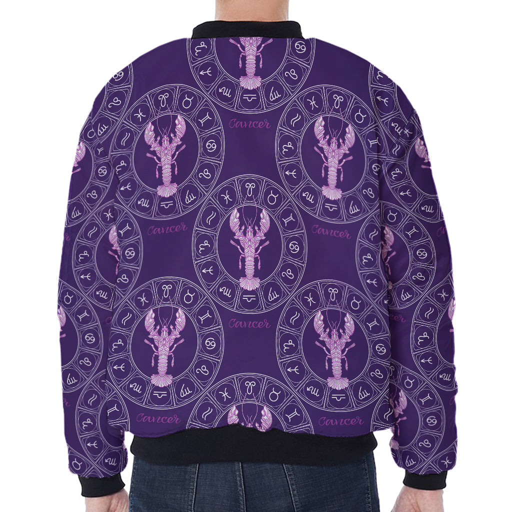 Purple Cancer Zodiac Pattern Print Zip Sleeve Bomber Jacket