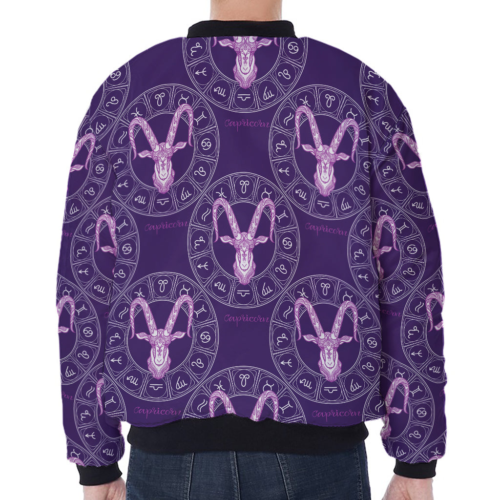 Purple Capricorn Zodiac Pattern Print Zip Sleeve Bomber Jacket