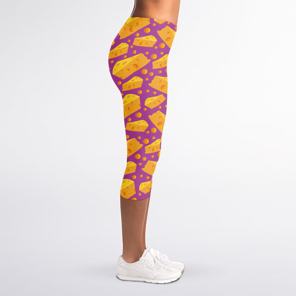 Purple Cheese And Holes Pattern Print Women's Capri Leggings