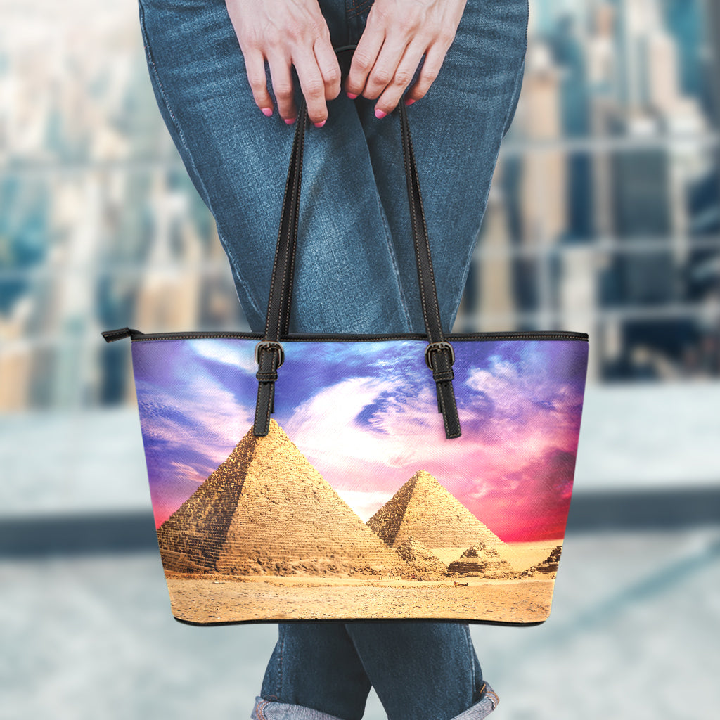 Purple Cloud Pyramid Print Leather Tote Bag