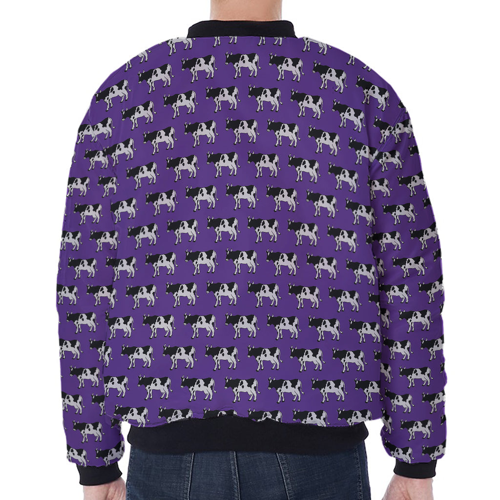 Purple Cow Pattern Print Zip Sleeve Bomber Jacket