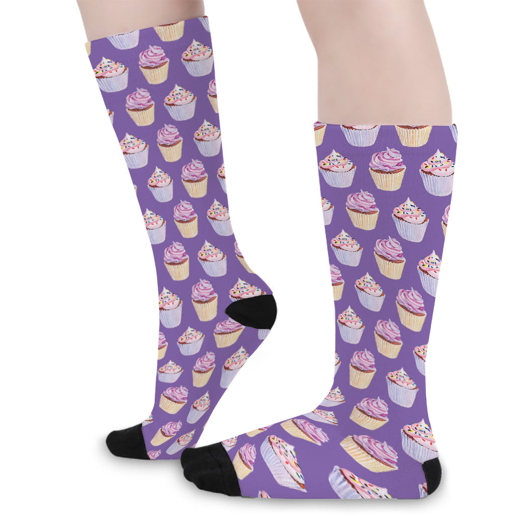 Purple Cupcake Pattern Print Long Socks