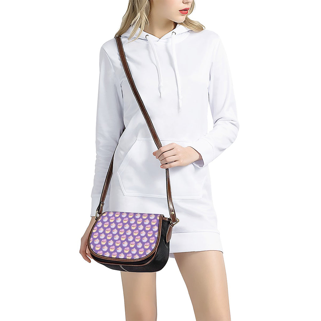 Purple Cupcake Pattern Print Saddle Bag