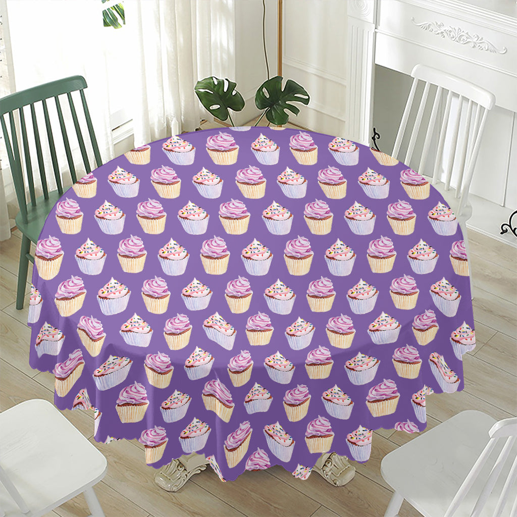 Purple Cupcake Pattern Print Waterproof Round Tablecloth