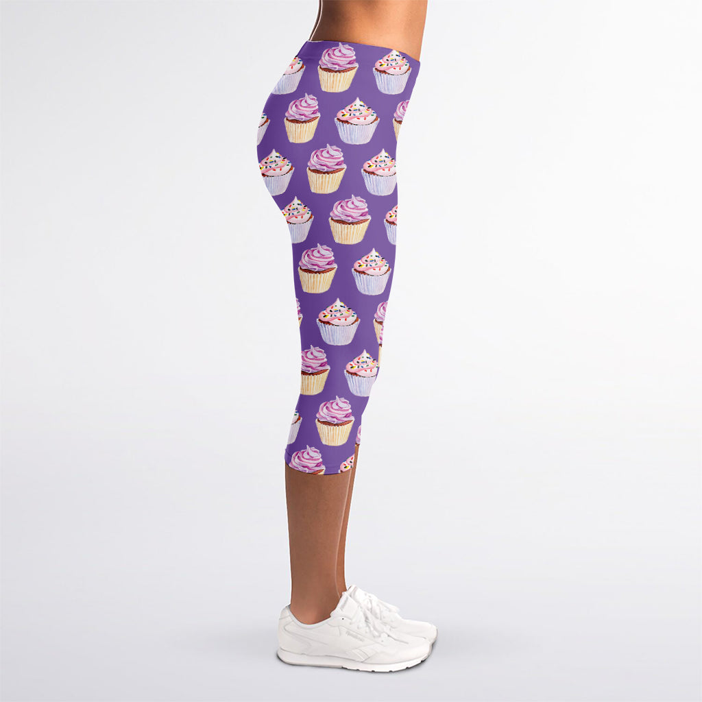 Purple Cupcake Pattern Print Women's Capri Leggings