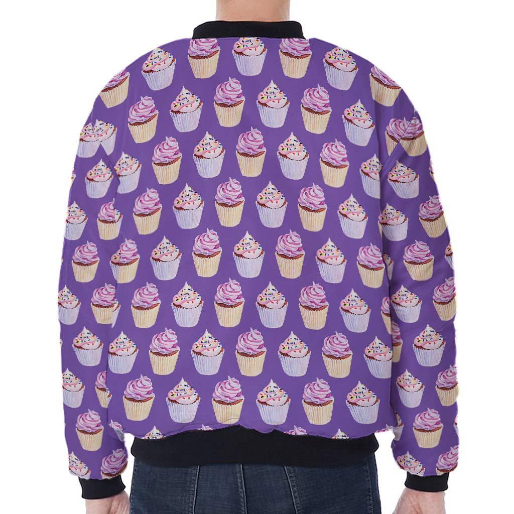 Purple Cupcake Pattern Print Zip Sleeve Bomber Jacket