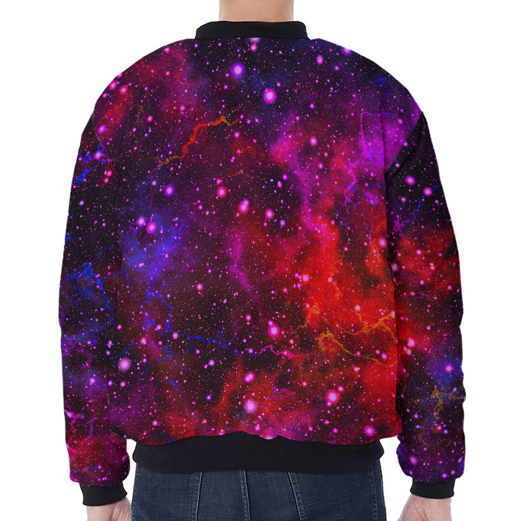 Purple Dark Galaxy Space Print Zip Sleeve Bomber Jacket