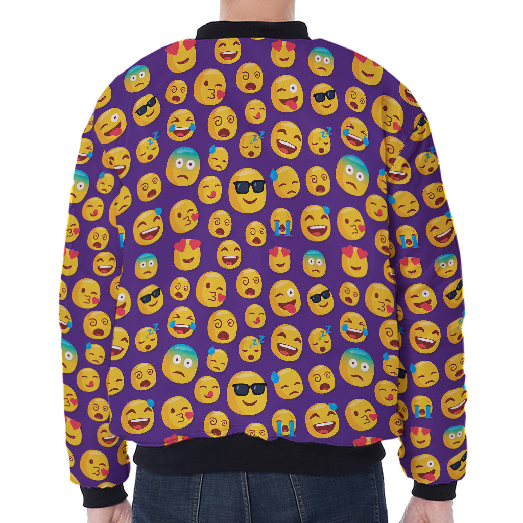 Purple Emoji Pattern Print Zip Sleeve Bomber Jacket