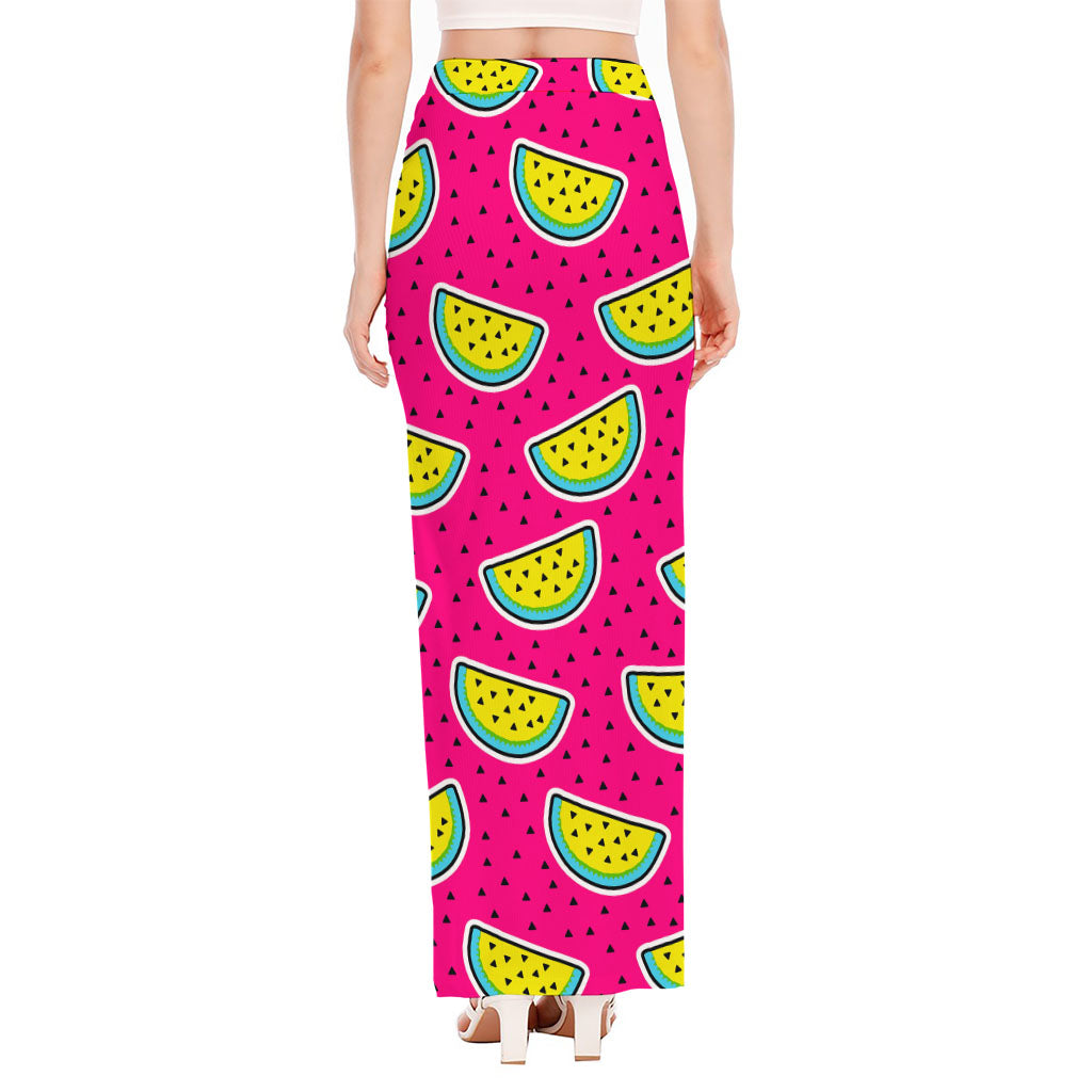 Purple Fancy Watermelon Pattern Print High Slit Maxi Skirt